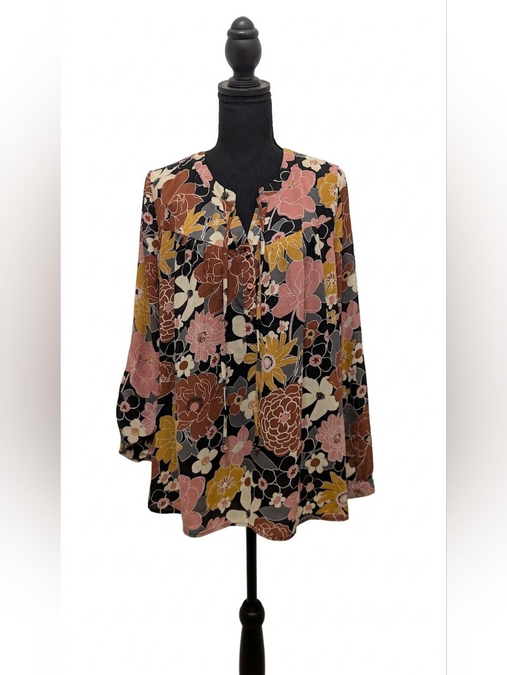 DR2 by Daniel Rainn 70s Retro Floral Tie Neck Peasant Blouse Size Medium